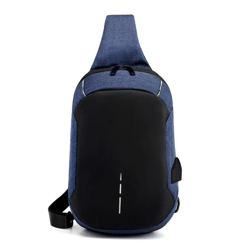 Dark blue waterproof Oxford cloth chest bag with zipper opening showing internal mobile phone compartment