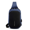 Dark blue waterproof Oxford cloth chest bag with zipper opening showing internal mobile phone compartment