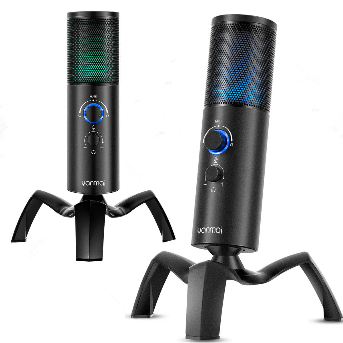 Black Q18 USB condenser microphone on a tripod stand with RGB lighting effects.