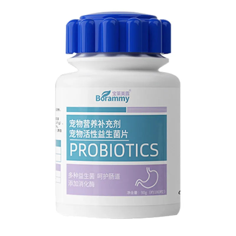 Bottle of 180 pet probiotic tablets for cat and dog digestive health support