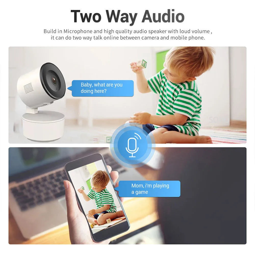 Indoor Wi-Fi security camera with pan-tilt capabilities showing 1080p HD resolution and night vision features