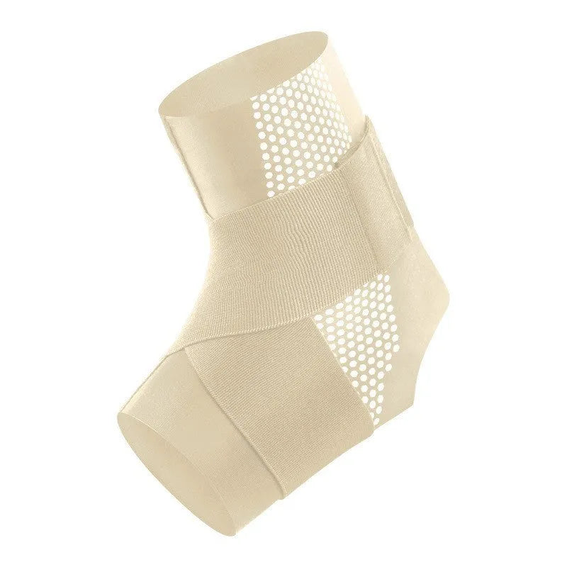 Black Lycra ankle support brace wrapped around an adult ankle.
