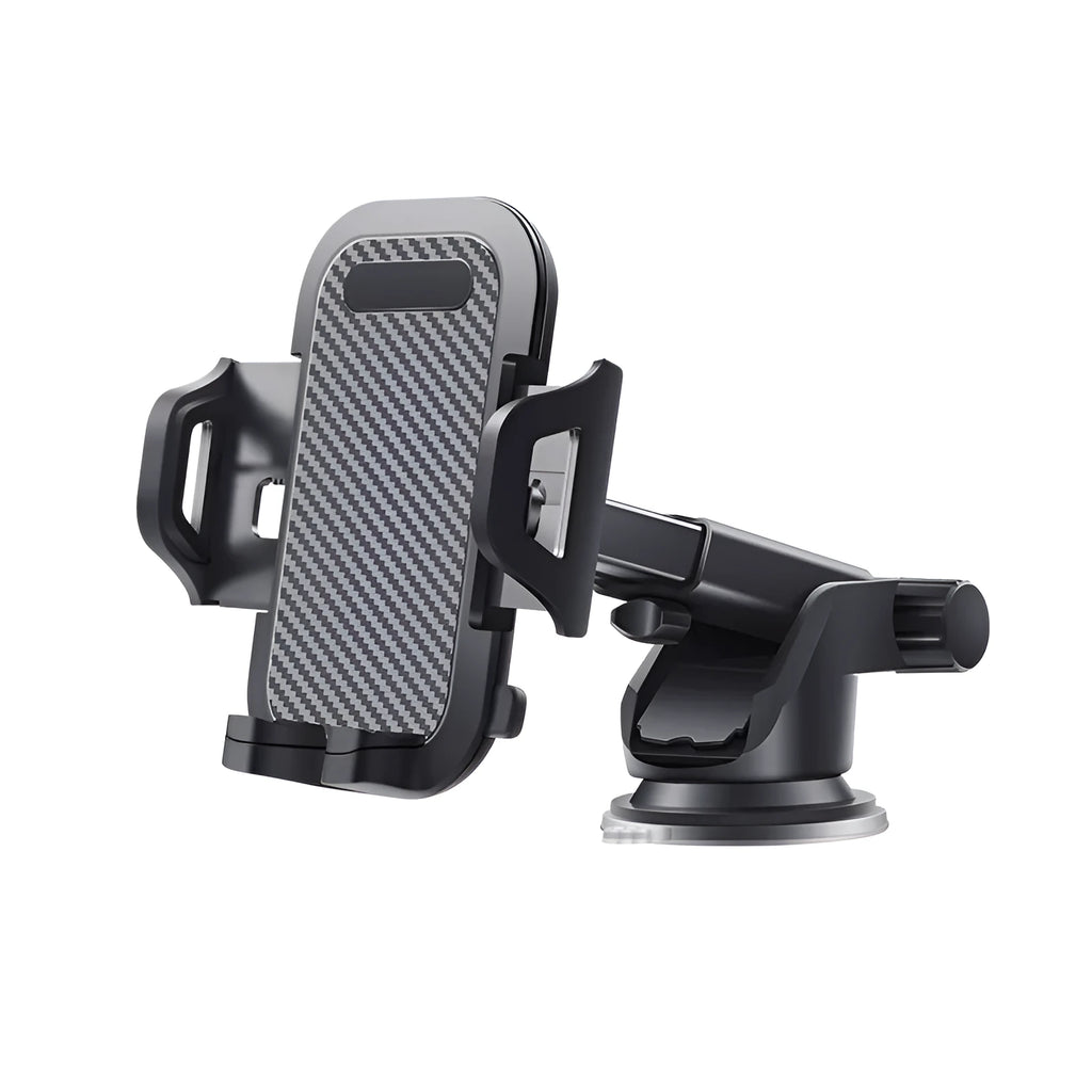Black universal dashboard car phone holder for mobile phones between 4 and 7 inches.