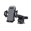 Black universal dashboard car phone holder for mobile phones between 4 and 7 inches.
