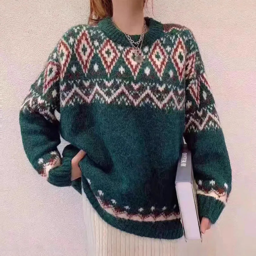White and red striped retro style loose pullover knitted top with long sleeves