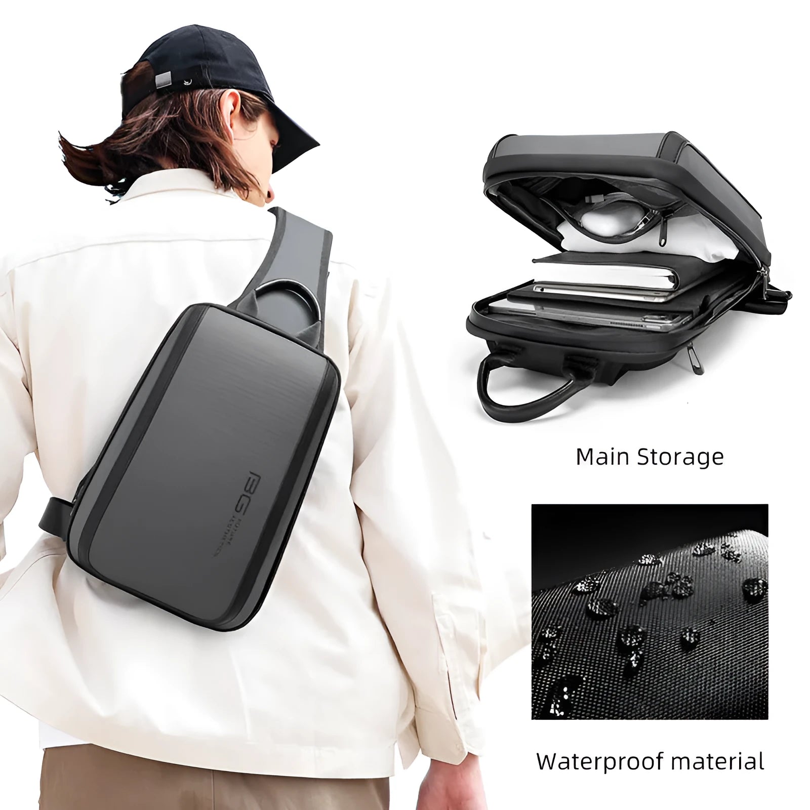 Blue Oxford cloth chest bag for men showing double shoulder strap connectors and soft handle