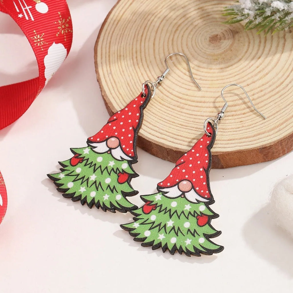 Women's wooden Christmas earrings with printed tree and snowman designs
