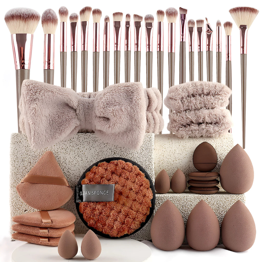 Hydrophilic non-latex beauty tool combination set for makeup and face washing in pink, brown, and purple colours