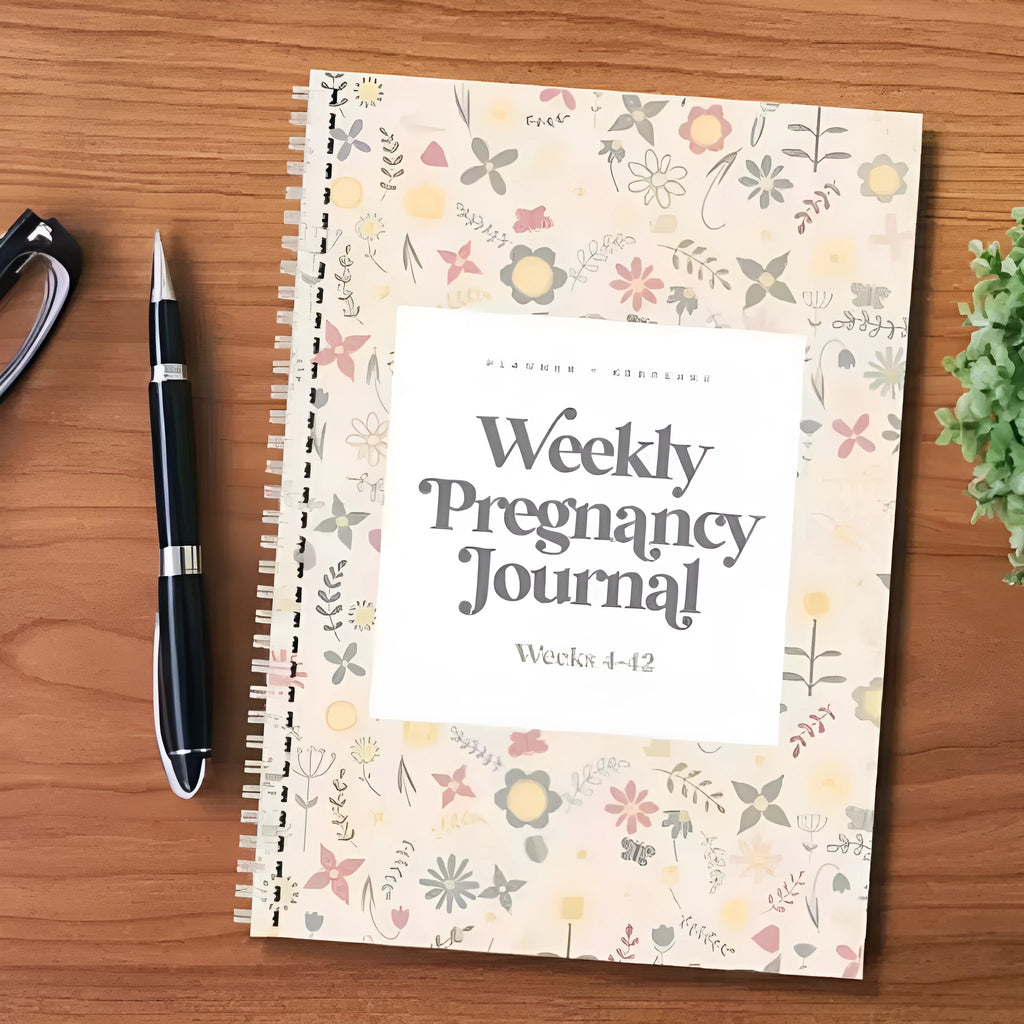 A5 Weekly Pregnancy Diary Notebook open showing weekly sections for pregnancy tracking