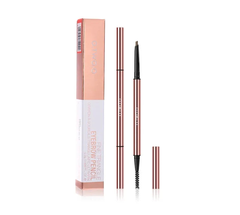 Eyebrow pencil in colour box showing six shade options including Auburn, Blonde, Caramel, Dark Brown, Soft Brown, and Taupe.