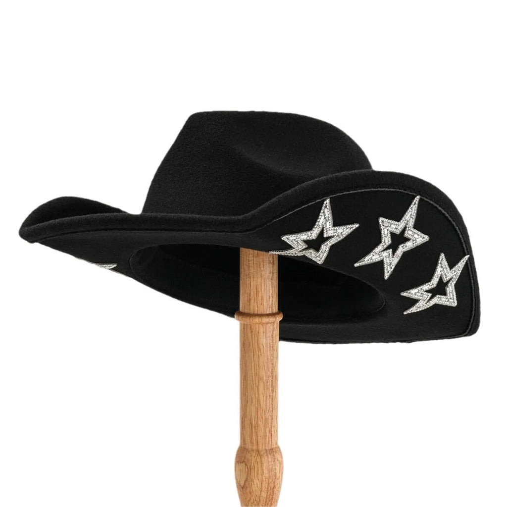 Beige polyester Western top hat with a conical crown and a silver hexagonal star decoration on the front.