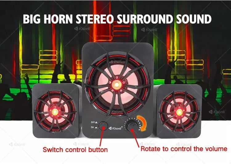Green 2.1 USB computer speaker with colourful glowing lights and 150cm cable