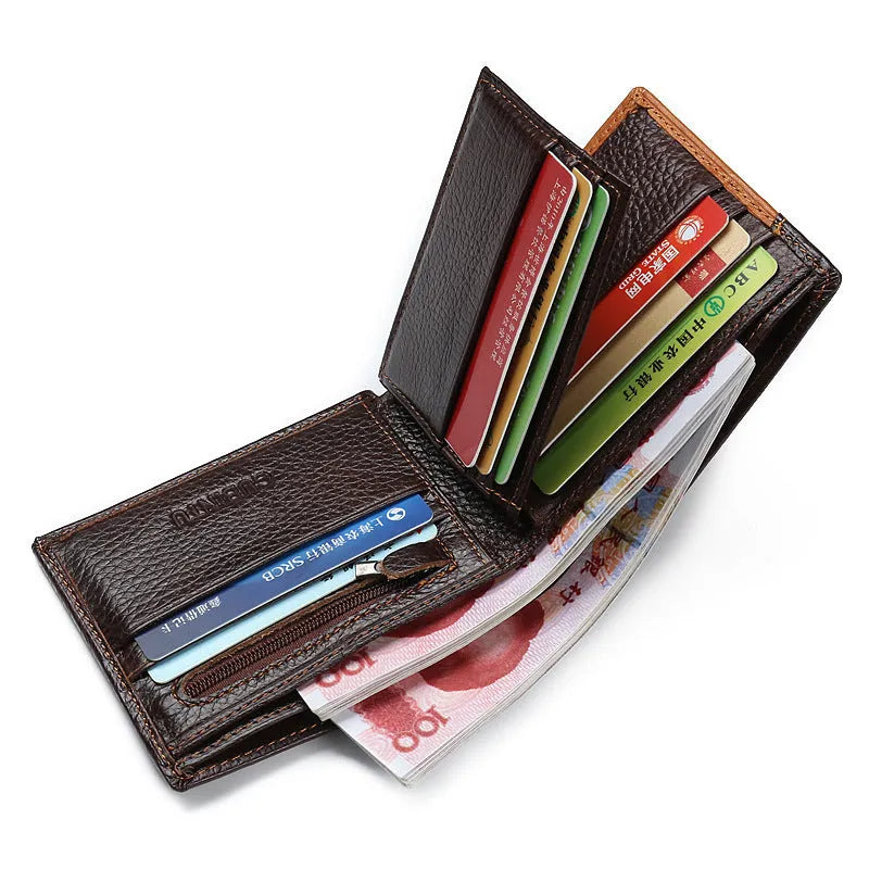 A Korean-style cowhide leather tri-fold wallet with personality stitching and a contrast colour interior.