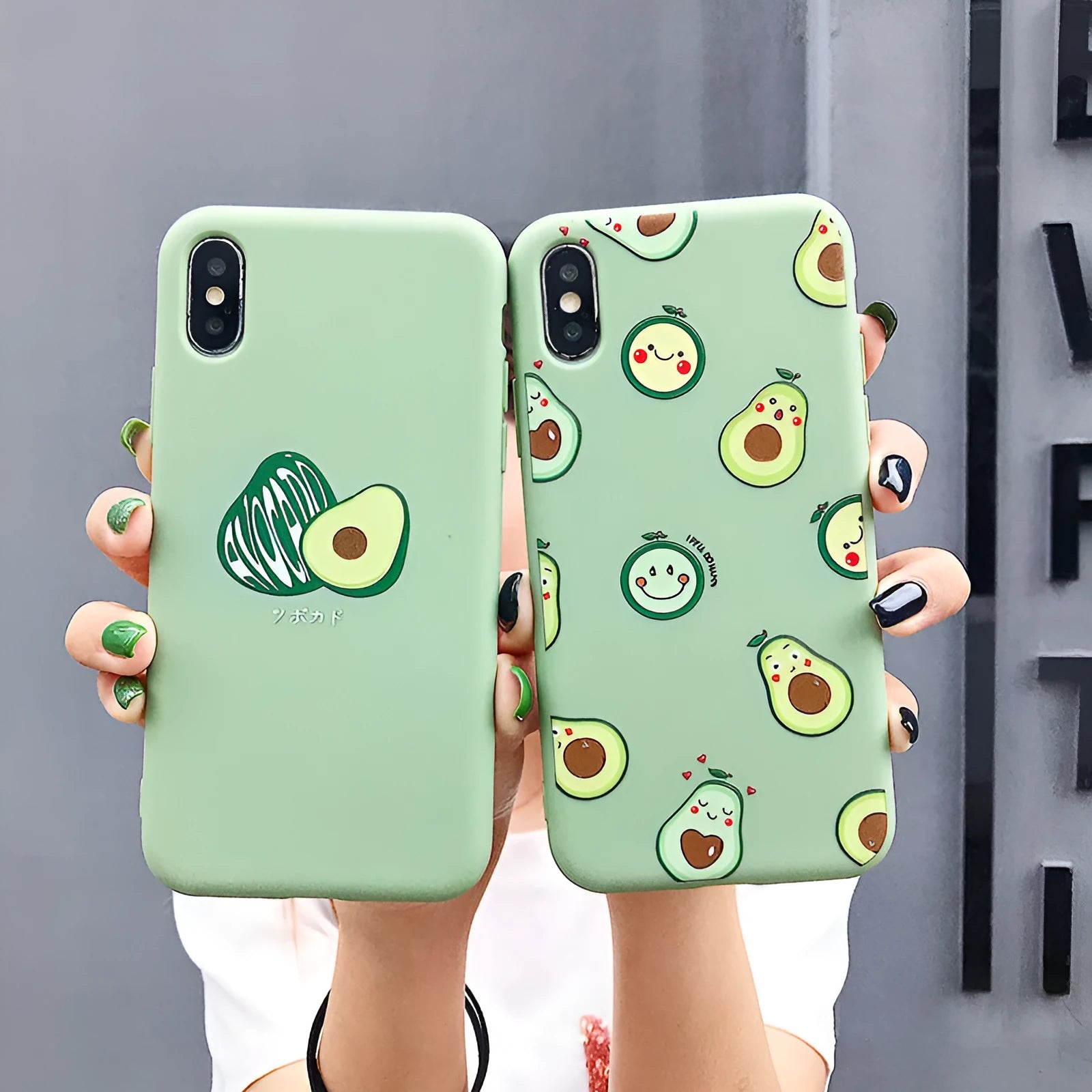 Avocado cartoon print on a green flexible TPU phone case for iPhone.