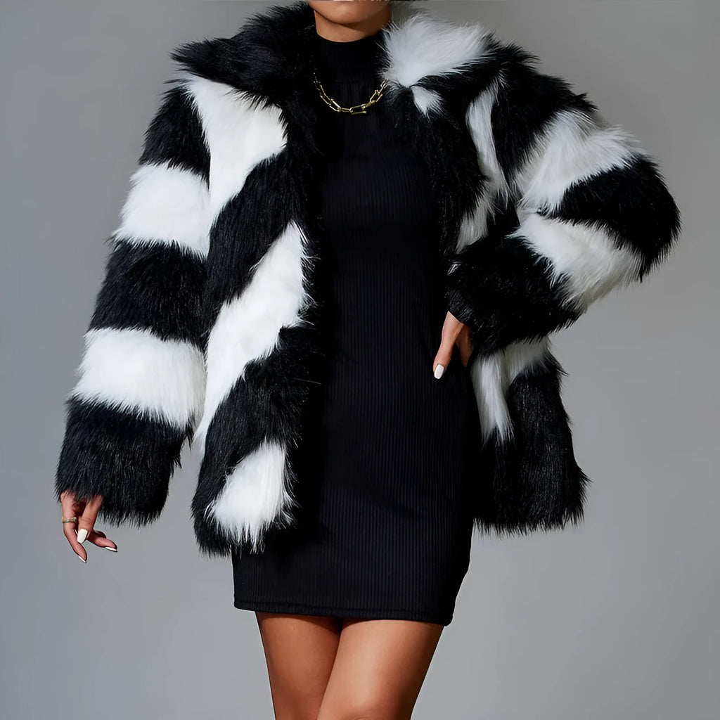 Picture colour faux fur coat with contrast lapels and fur collar, 50cm length with regular sleeves