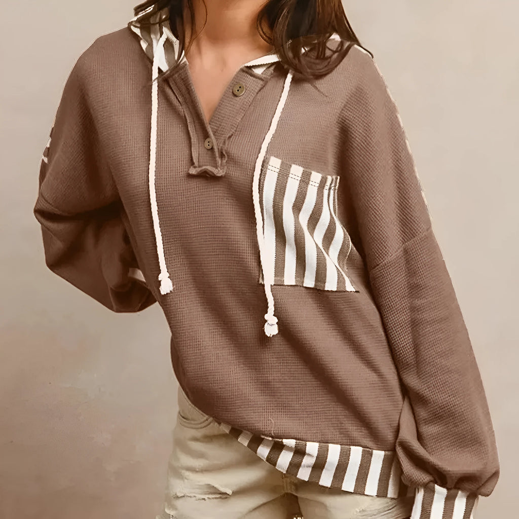 Straw yellow waffle texture ladies hoodie with striped patchwork and button neck closure