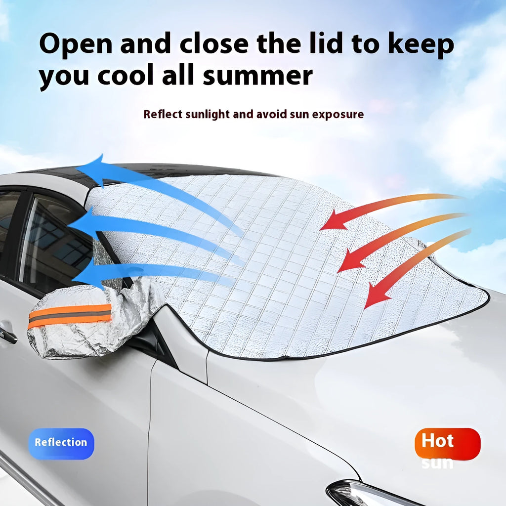 Aluminium foil front windshield car cover with reflective edge stripes and magnets for SUV winter protection