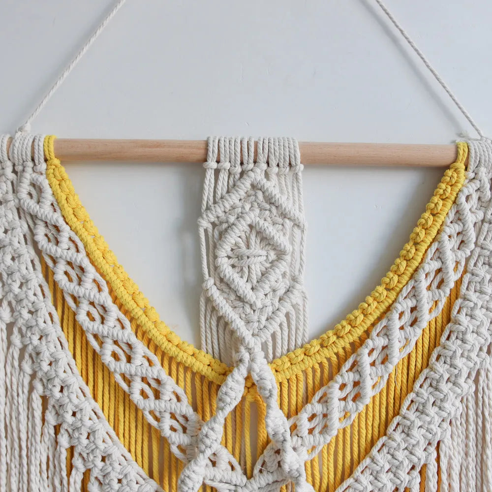 Hand-woven creamy white cotton tapestry with rectangular shape measuring 120cm by 95cm, showing textured Nordic style weaving