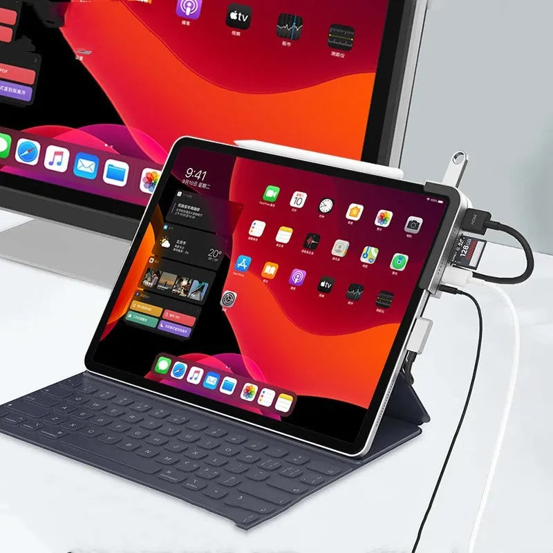 Silver aluminium grey USB-C docking station for iPad Pro with HDMI and USB ports