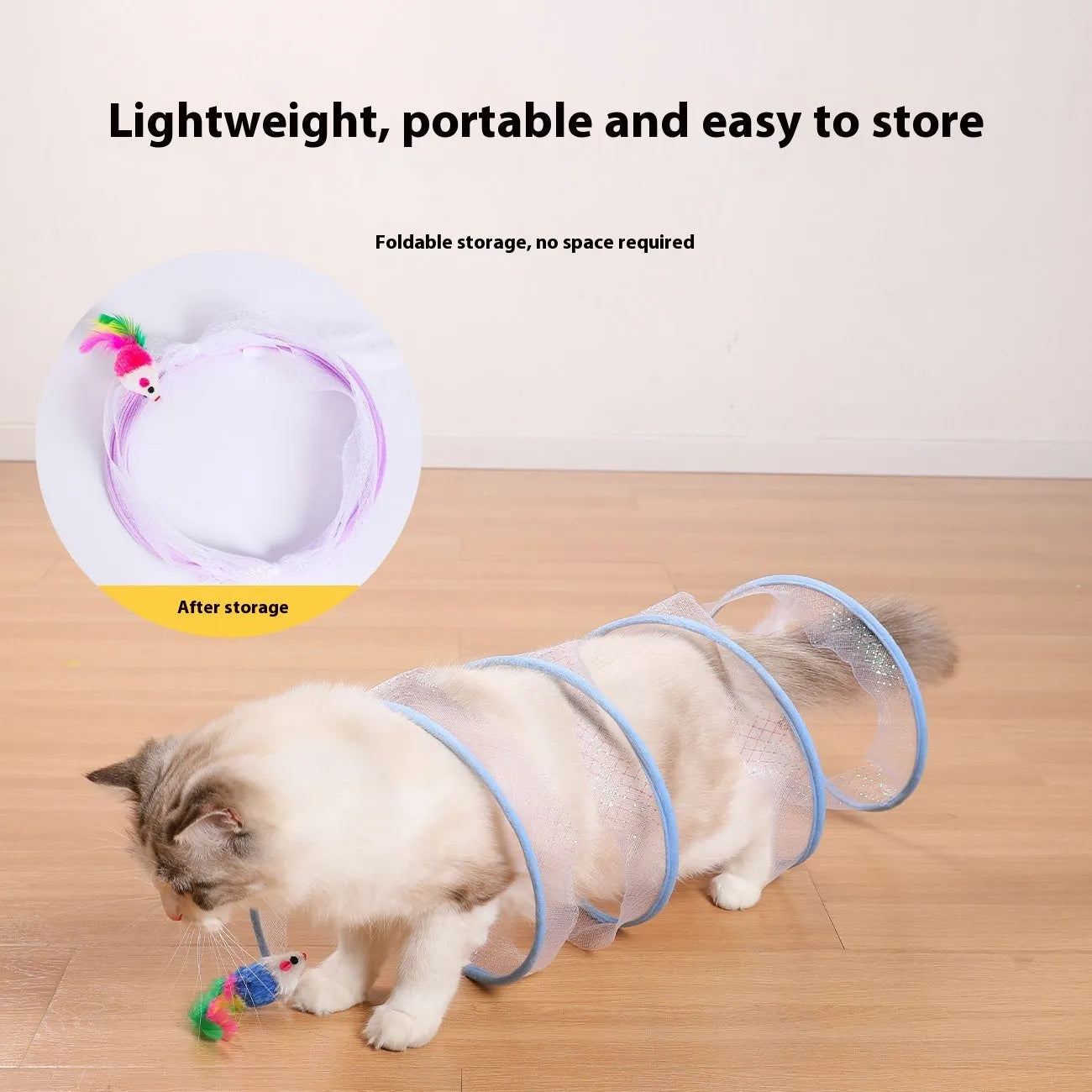 S-shaped cat tunnel toy with steel wire frame, elastic netting walls, and colourful feather attachments