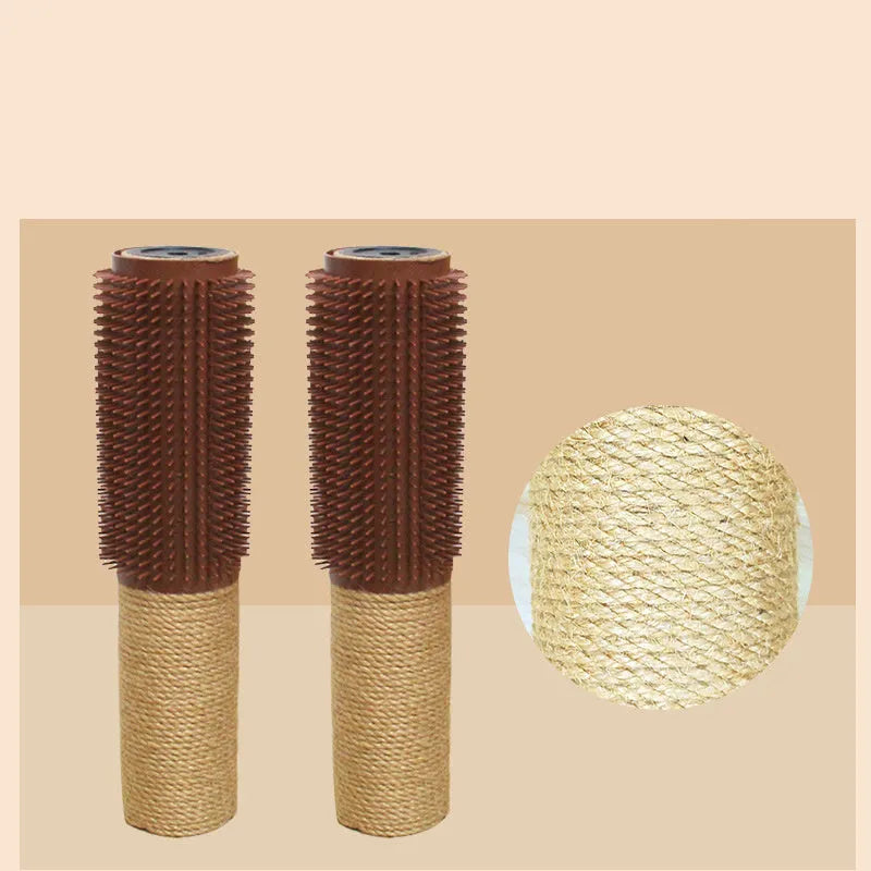 Brown sisal rope cat scratching post standing 30cm tall on a floor.