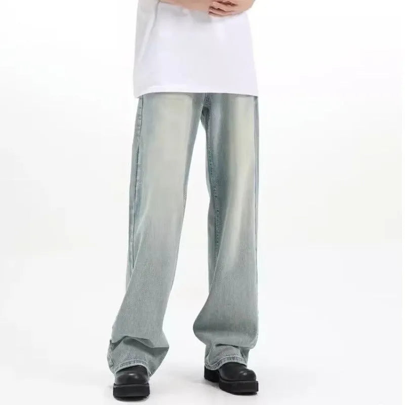 Blue retro trousers with rabbit fur fabric in loose casual fit showing high elasticity