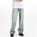 Blue retro trousers with rabbit fur fabric in loose casual fit showing high elasticity