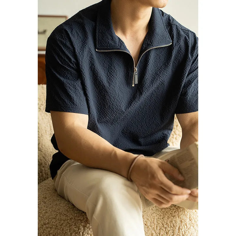 Men's cedar green loose fit short sleeve summer shirt with quick-drying ice silk fabric