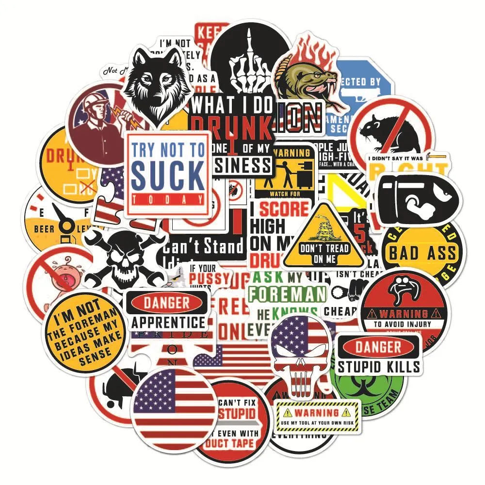 Pack of 50 waterproof PVC warning stickers with bright film coating for helmets and sports equipment.