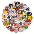 Pack of 50 waterproof PVC warning stickers with bright film coating for helmets and sports equipment.