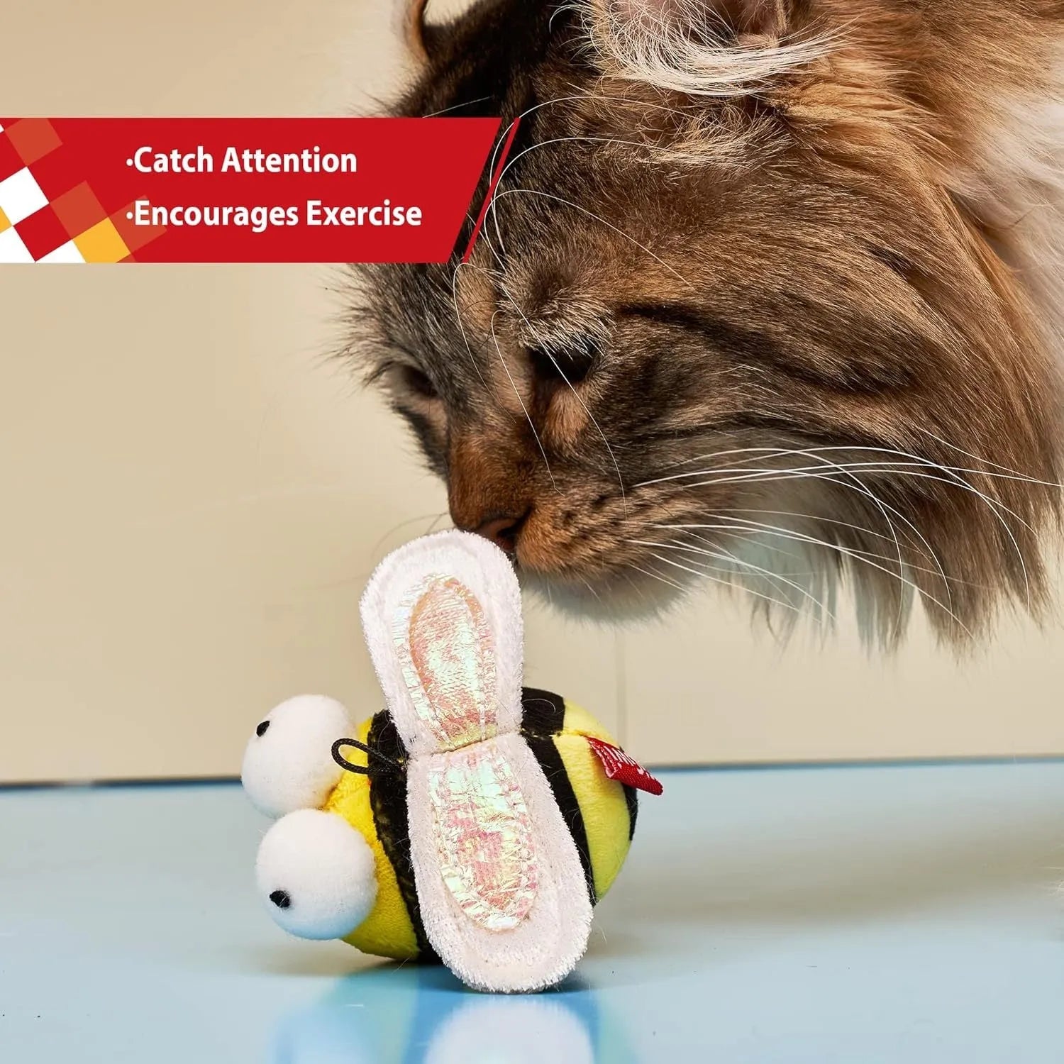 Yellow bee-shaped electronic cat toy with flannelette fabric for motion-activated squeaking play