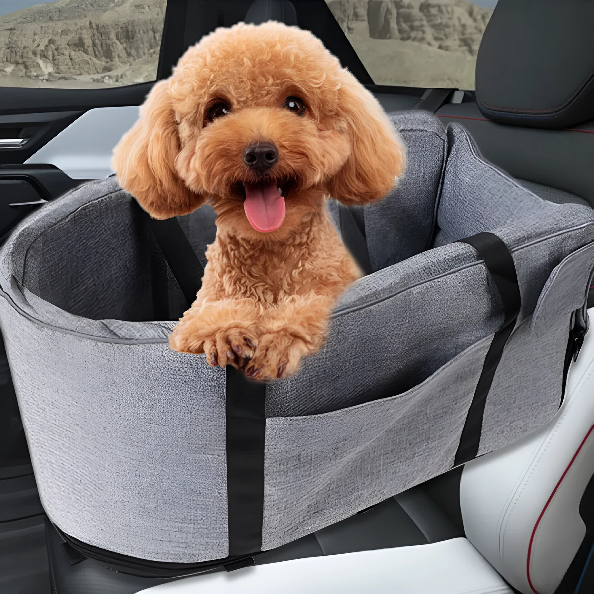 Blue cloth dog kennel with mesh ventilation panel for car travel and outdoor use.