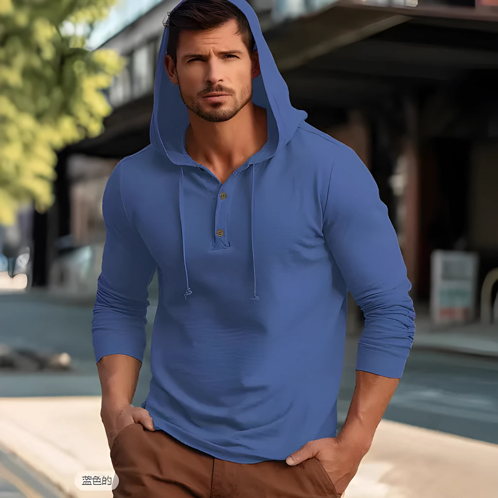 Cotton pullover hoodie in dark blue with long sleeves and European/American sizing