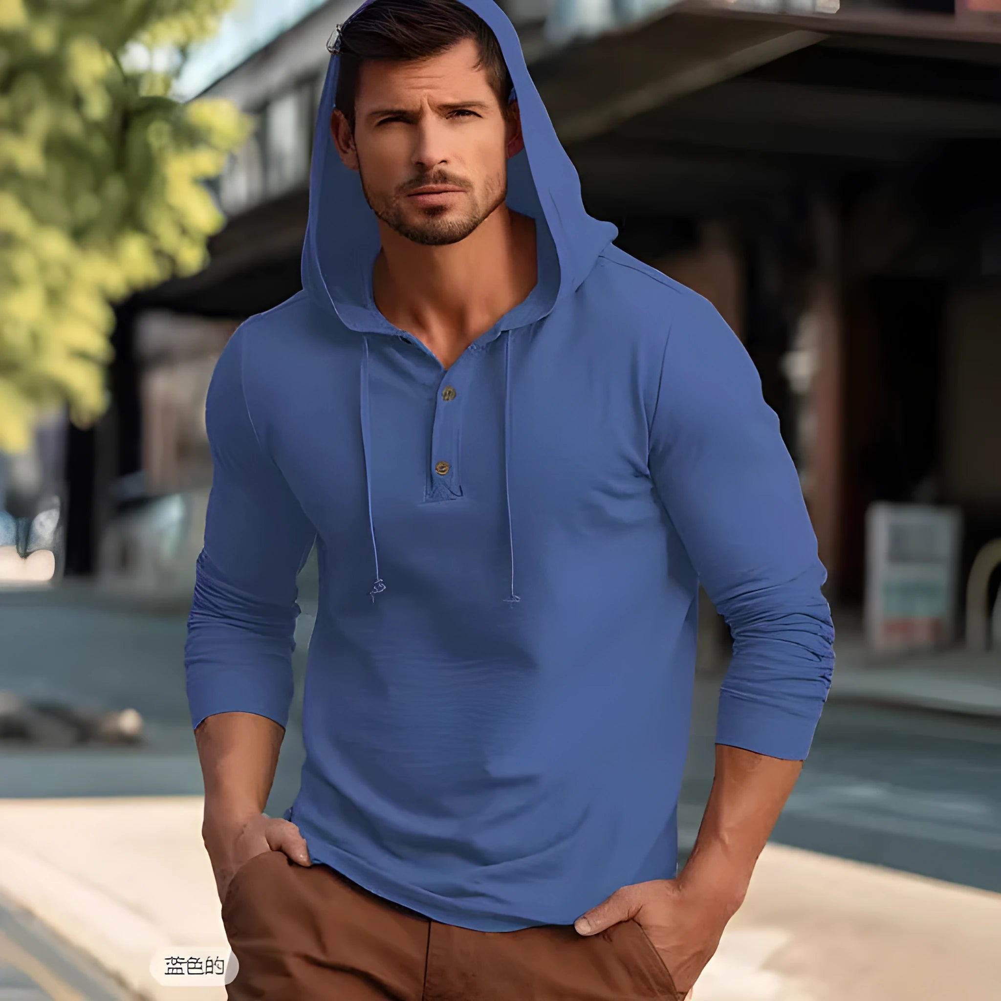 Cotton pullover hoodie in dark blue with long sleeves and European/American sizing