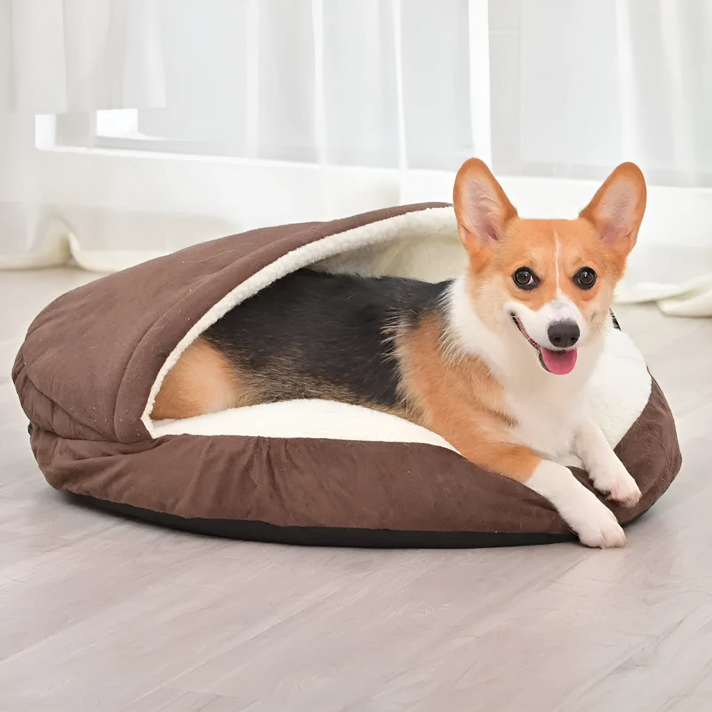 Brown and grey washable cloth dog bed mat for kennels, shown in small and medium sizes.