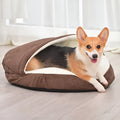 Brown and grey washable cloth dog bed mat for kennels, shown in small and medium sizes.