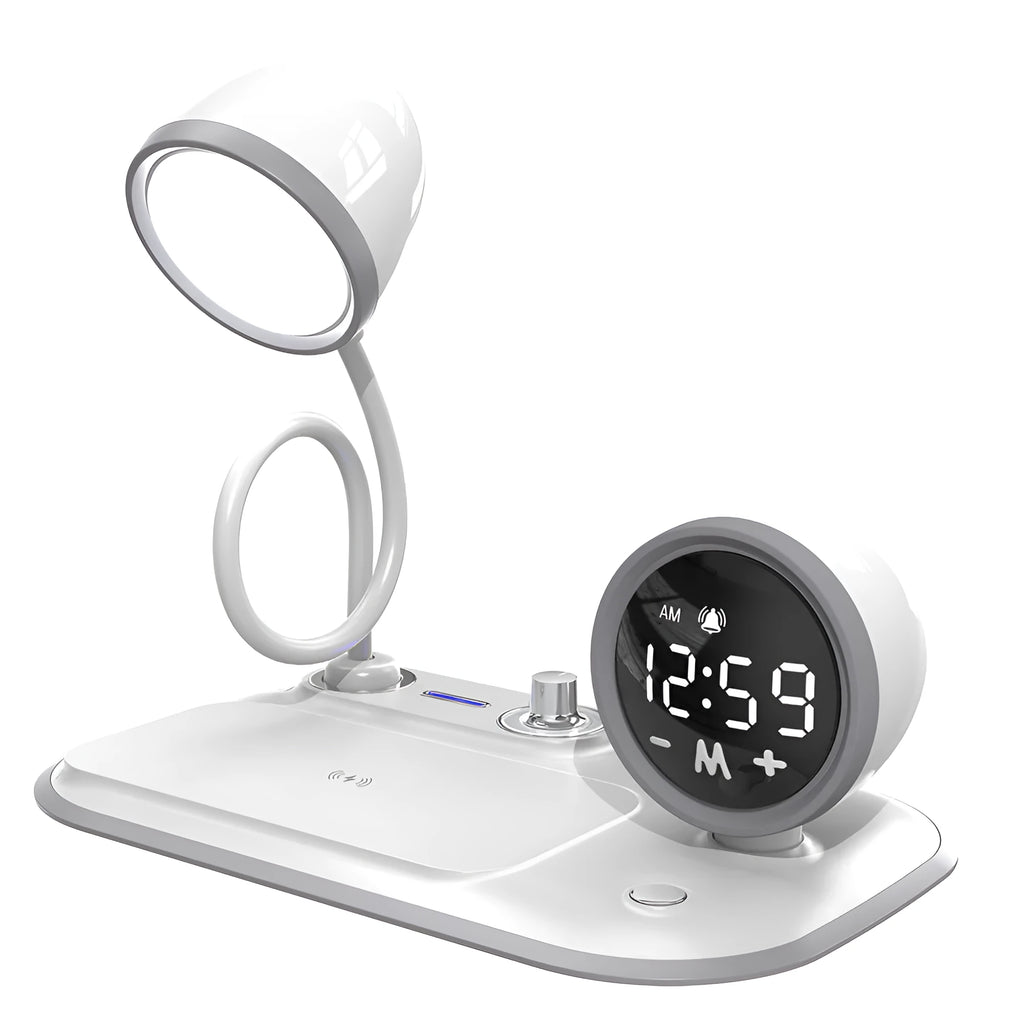 Three-in-one desktop unit combining digital clock, wireless charging pad, and eye protection desk lamp in white or black colour