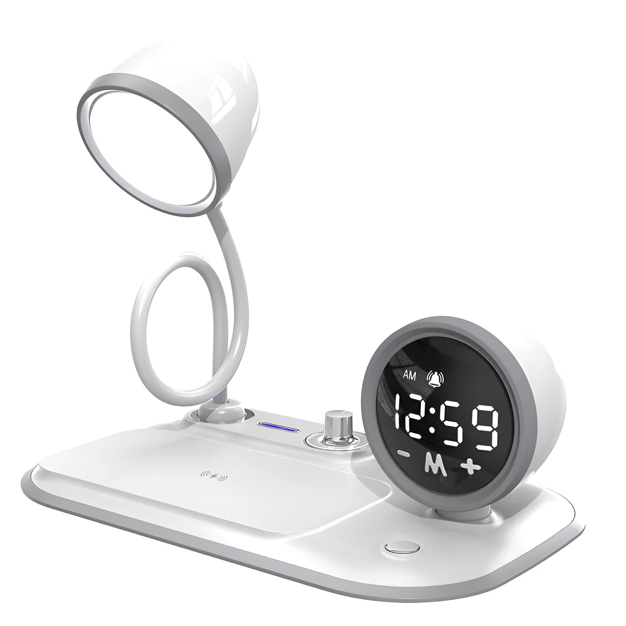 Three-in-one desktop unit combining digital clock, wireless charging pad, and eye protection desk lamp in white or black colour