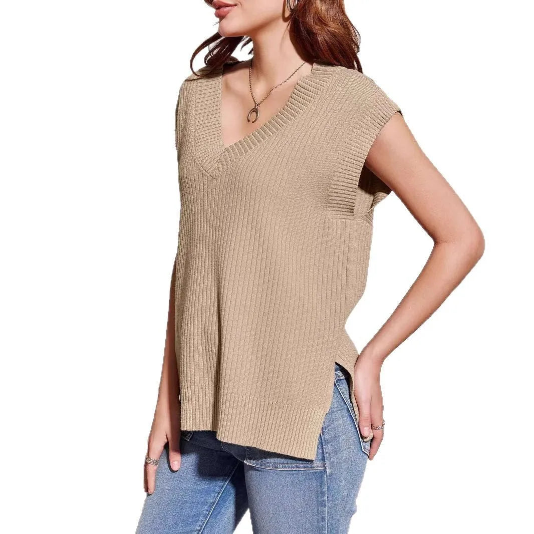 Women's camel coloured V-neck sleeveless pullover vest with loose fit and folding details