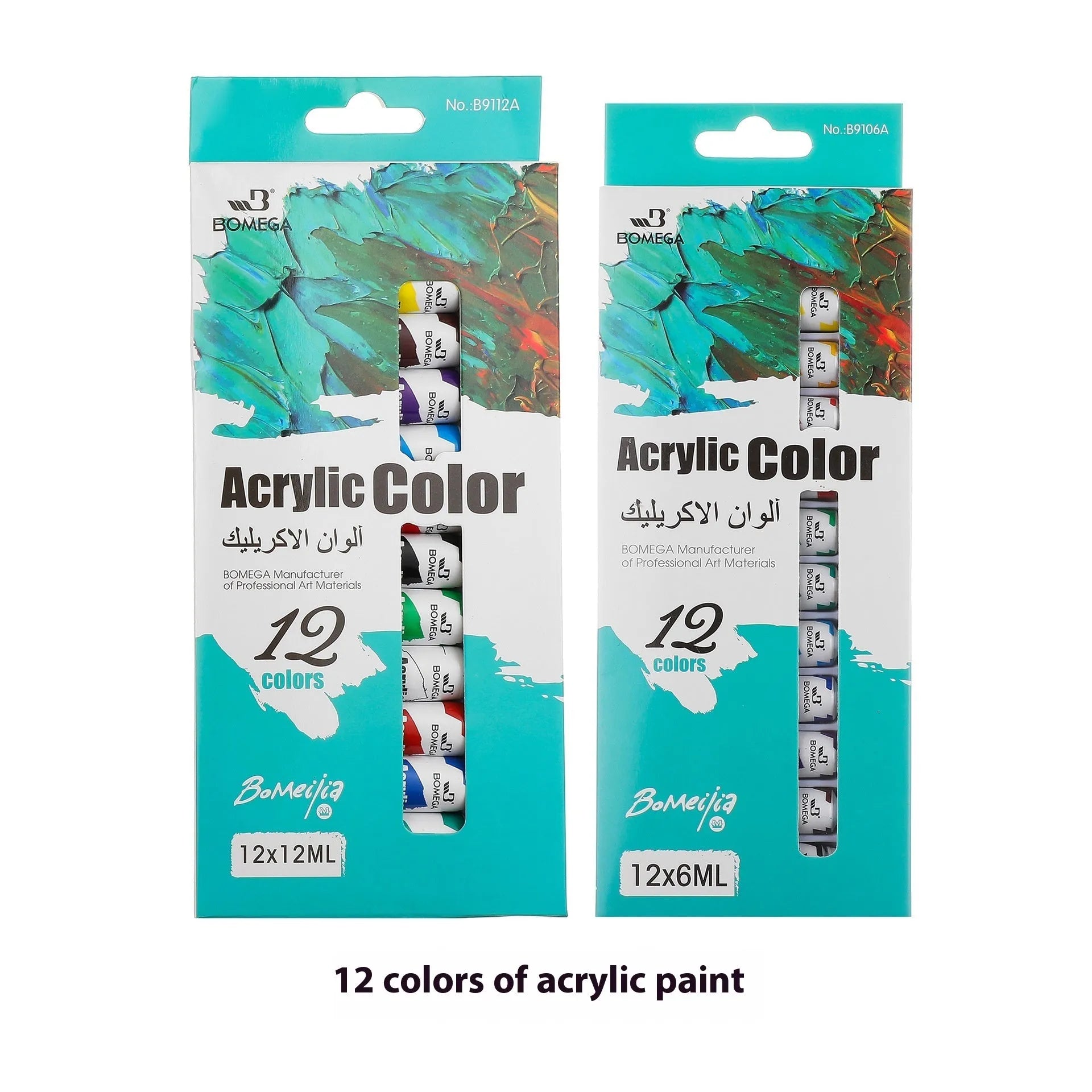 Set of 12-colour paint tubes for acrylic, gouache, watercolour, oil, glass, and textile painting organised in strips.