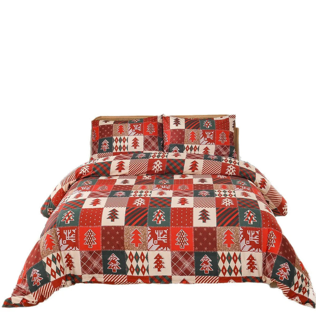 Christmas red plaid pattern bedding three-piece set showing quilt cover and pillowcases