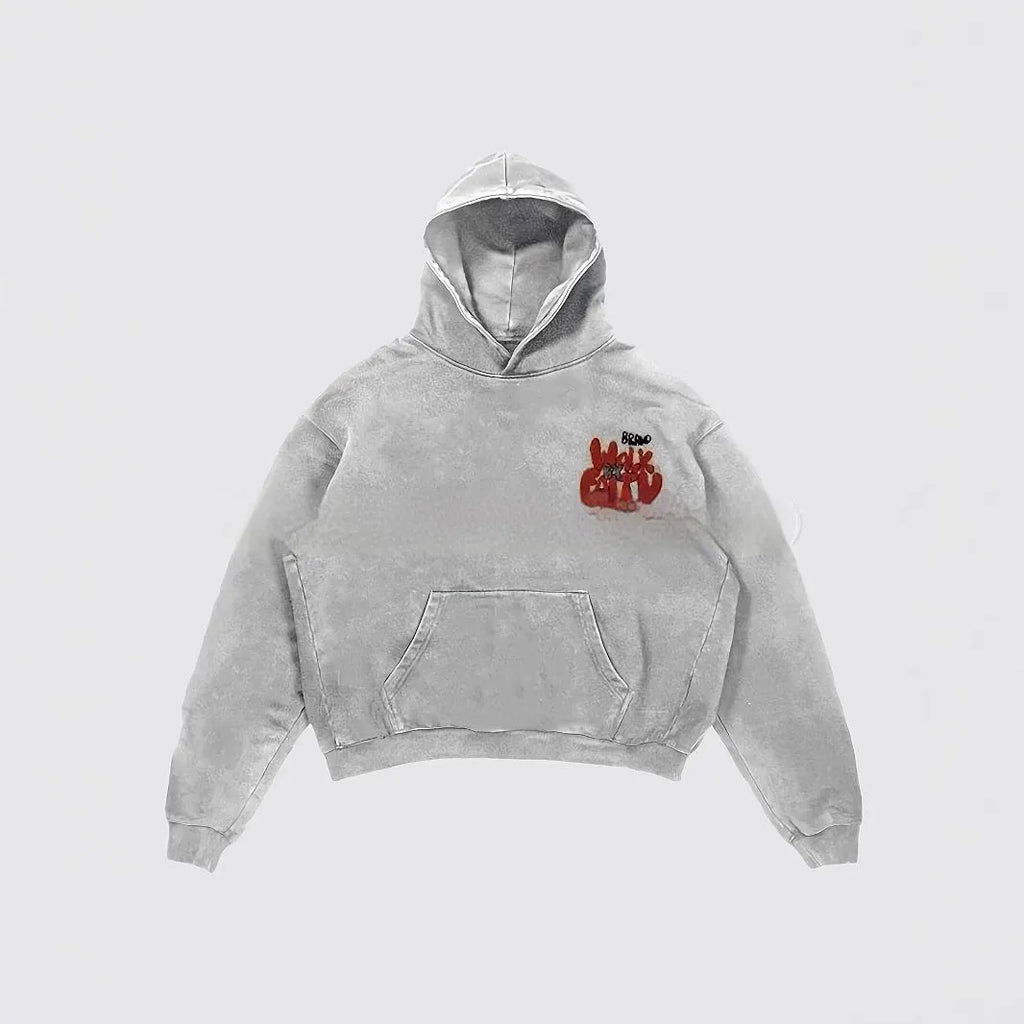 Women's grey hoodie with vintage character print design and pockets