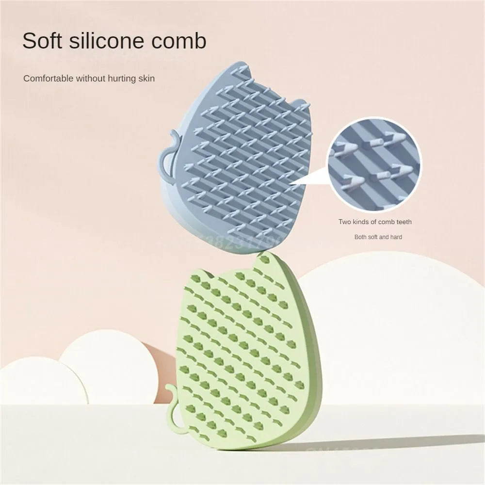 Brown sponge silicone pet grooming brush with dual-texture comb teeth on white background