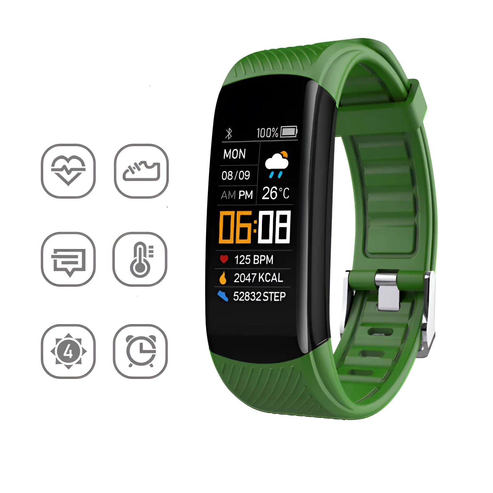 Black waterproof smart fitness tracker bracelet with 0.96-inch screen on a wrist