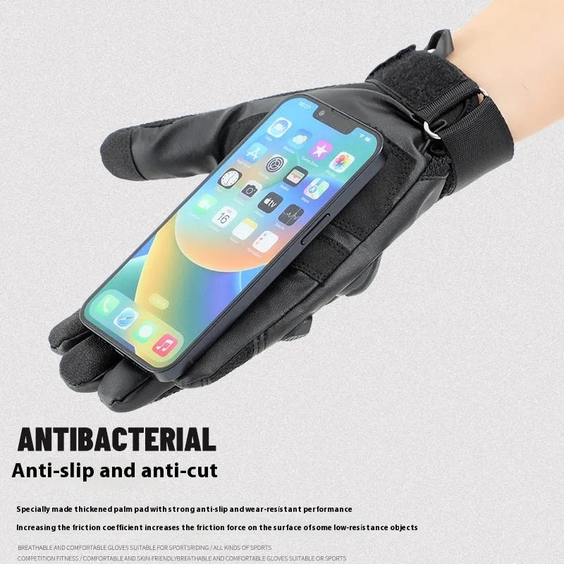 Men's black tactical training gloves with touch screen fingertips shown on hands