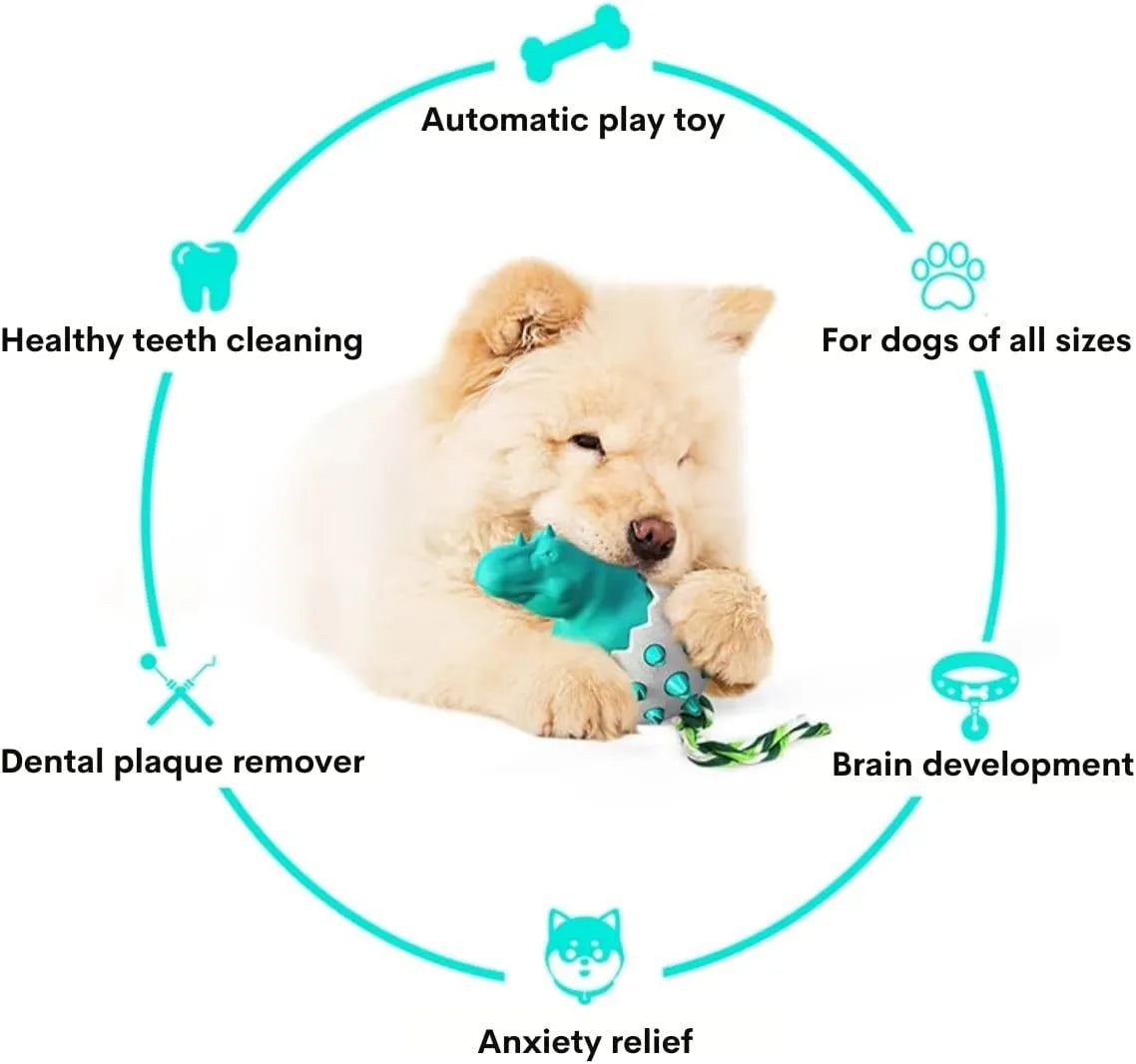 Blue dinosaur-shaped dog chew toy with rope and textured rubber surface.