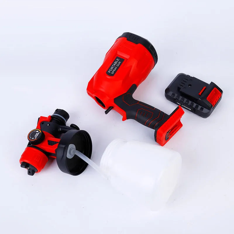 Blue cordless paint spray gun with watering can and lithium battery
