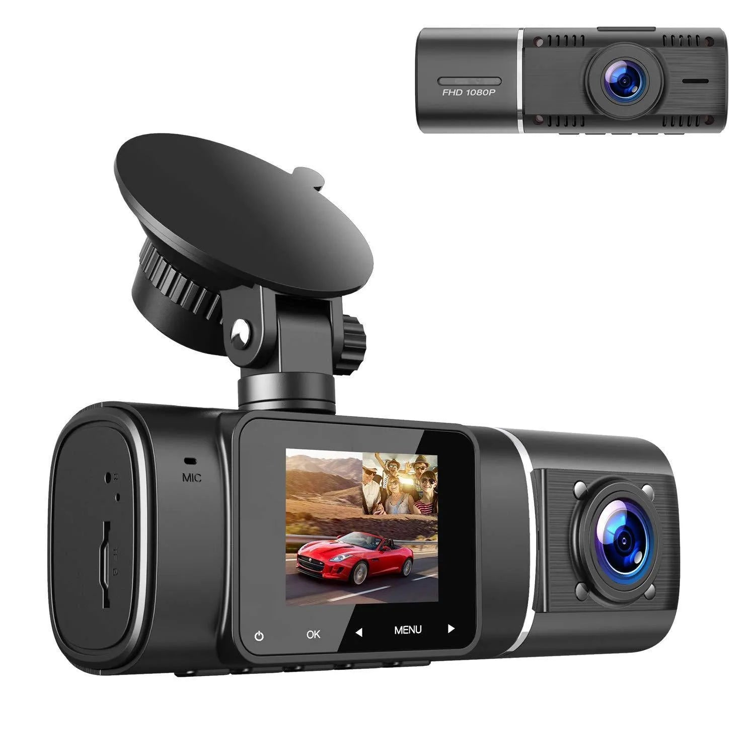 Black 1080p dual recording car dash camera with 1.5 inch screen on a windscreen stand.