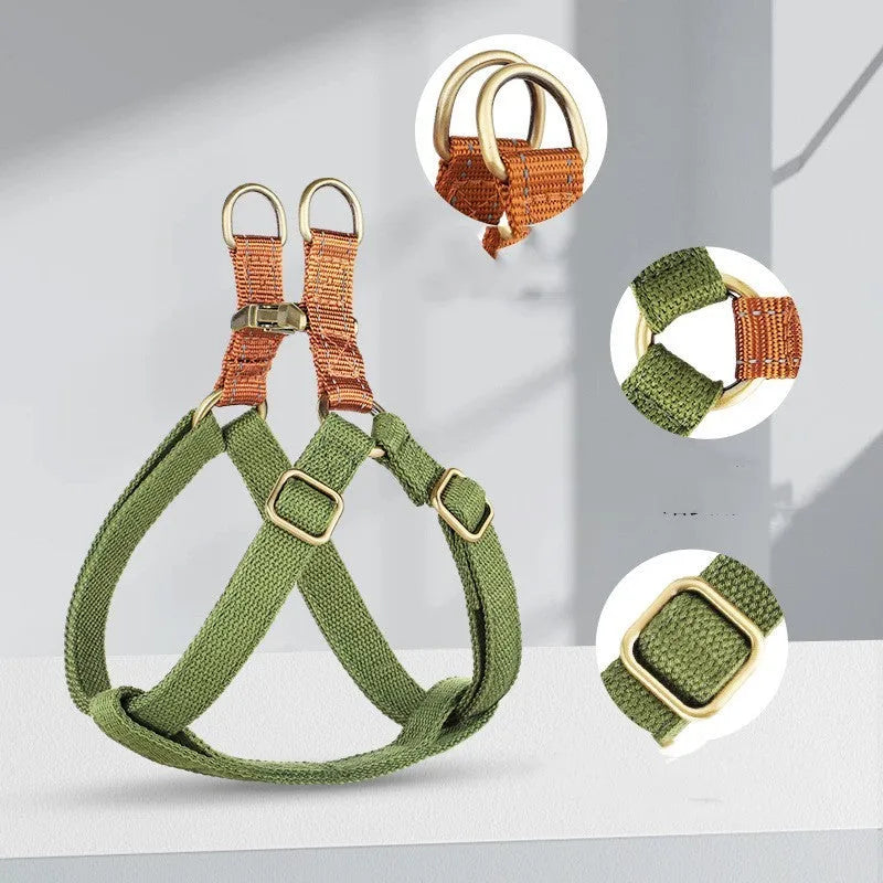 Brown vest-style dog leash with cotton belt construction and alloy fasteners