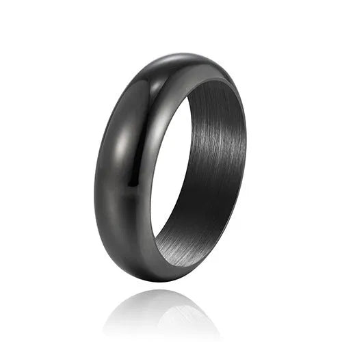 Glossy electroplated titanium steel ring shown in gold, black, and steel colour on a grey background.